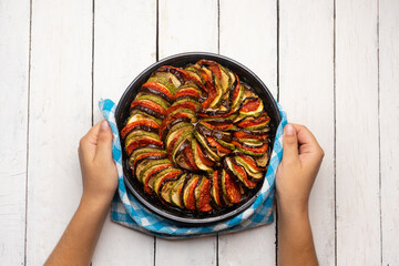 French baked ratatouille on white background