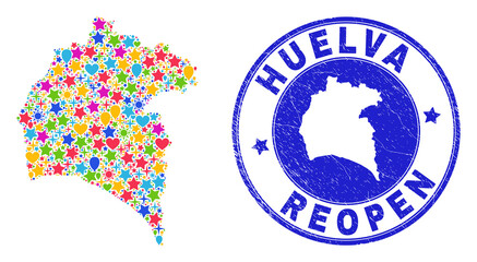 Celebrating Huelva Province map mosaic and reopening unclean watermark. Vector mosaic Huelva Province map is composed with random stars, hearts, balloons.