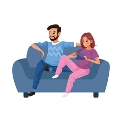 young couple seated in sofa avatars characters