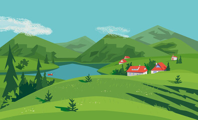 Mountain valley village landscape poster