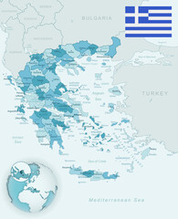 Blue-green detailed map of Greece administrative divisions with country flag and location on the globe.