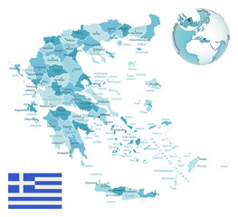 Greece administrative blue-green map with country flag and location on a globe.