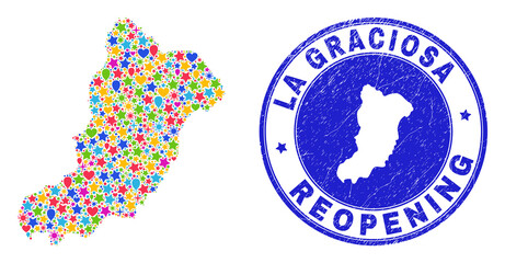 Celebrating La Graciosa Island map mosaic and reopening corroded stamp seal. Vector mosaic La Graciosa Island map is created of scattered stars, hearts, balloons.