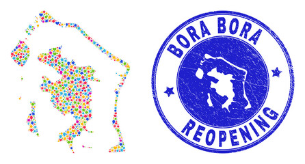 Celebrating Bora-Bora map mosaic and reopening dirty seal. Vector mosaic Bora-Bora map is organized of randomized stars, hearts, balloons. Rounded rough blue seal with distress rubber texture. - obrazy, fototapety, plakaty