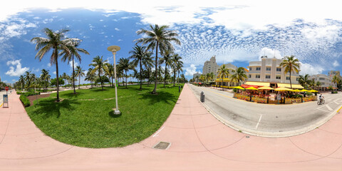 360 spherical equirectangular photo Miami Beach Ocean Drive reopening during Coronavirus covid 19...