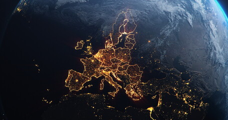 Planet Earth from Space European Union Countries highlighted orange glow, 2020 political borders and counties, city lights, 3d illustration, elements of this image courtesy of NASA © Sono Creative