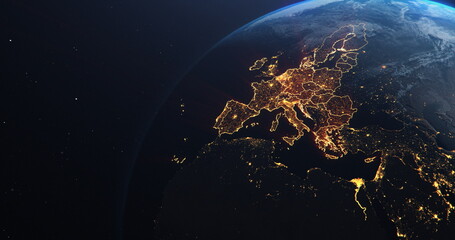 Planet Earth from Space European Union Countries highlighted orange glow, 2020 political borders and counties, city lights, 3d illustration, elements of this image courtesy of NASA © Sono Creative