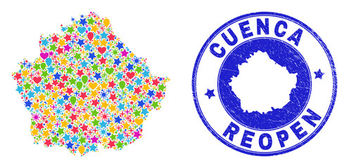 Celebrating Cuenca Province map collage and reopening corroded watermark. Vector collage Cuenca Province map is created with randomized stars, hearts, balloons.
