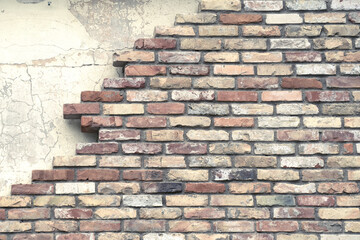 The destroyed brick wall of the building. Gloomy picture.