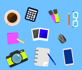 Office desk flat lay vector illustration. Set of flat vector design illustration of modern business office and workspace. Top view of desk background with laptop, digital devices and notepad