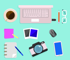 Office desk flat lay vector illustration. Set of flat vector design illustration of modern business office and workspace. Top view of desk background with laptop, digital devices and notepad
