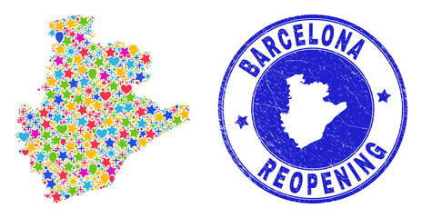 Celebrating Barcelona Province map collage and reopening grunge stamp seal. Vector collage Barcelona Province map is constructed of random stars, hearts, balloons.