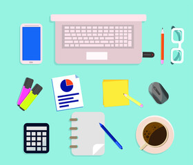 Office desk flat lay vector illustration. Set of flat vector design illustration of modern business office and workspace. Top view of desk background with laptop, digital devices and notepad