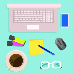 Office desk flat lay vector illustration. Set of flat vector design illustration of modern business office and workspace. Top view of desk background with laptop, digital devices and notepad