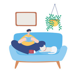 stay at home, guy reading book on sofa with cat, self isolation, activities in quarantine for coronavirus