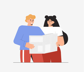 Young couple man and woman read bad news in the newspaper. Flat style vector illustrataion.