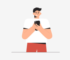 Man reads or watch positive news on the Internet in mobile phone. Flat style vector illustrataion.