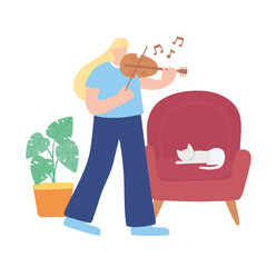 stay at home, girl planting fiddle in room, self isolation, activities in quarantine for coronavirus