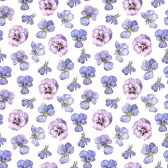 Seamless pattern with pansies on a white isolated background. Beautiful floral background, realistic watercolor illustration. Summer composition for romantic occasions and dear friends.