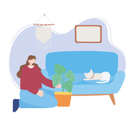 stay at home, woman with plant cat and sofa, self isolation, activities in quarantine for coronavirus