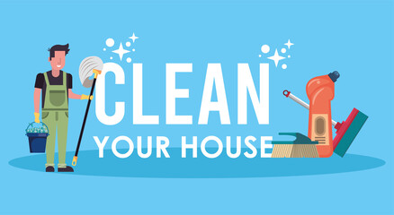 man working with housekeeping tools disinfect your house