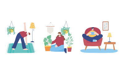 stay at home, different types of people in home activities, self isolation, quarantine for coronavirus