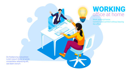 Woman Working at Home Office. Home Office Concept. Flat Vector Illustration.