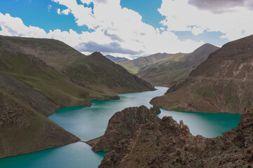Mountain holy lake in Tibet view from the highway on the way from Lhasa to Kailash, Tibet, Asia