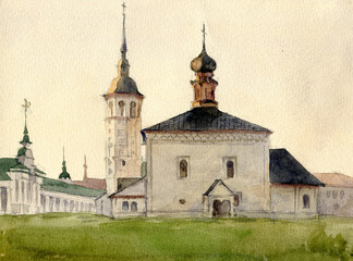 Fototapeta na wymiar Watercolor landscape with old church.