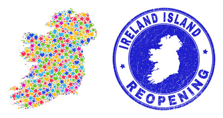 Obraz premium Celebrating Ireland Island map mosaic and reopening grunge stamp. Vector mosaic Ireland Island map is organized of randomized stars, hearts, balloons.