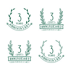 3 years anniversary logo collection. 3rd years anniversary celebration hand drawn logotype. Vector and illustration.
