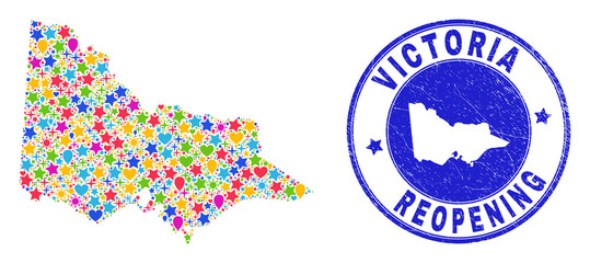 Celebrating Australian Victoria map collage and reopening rubber seal. Vector collage Australian Victoria map is made with randomized stars, hearts, balloons.