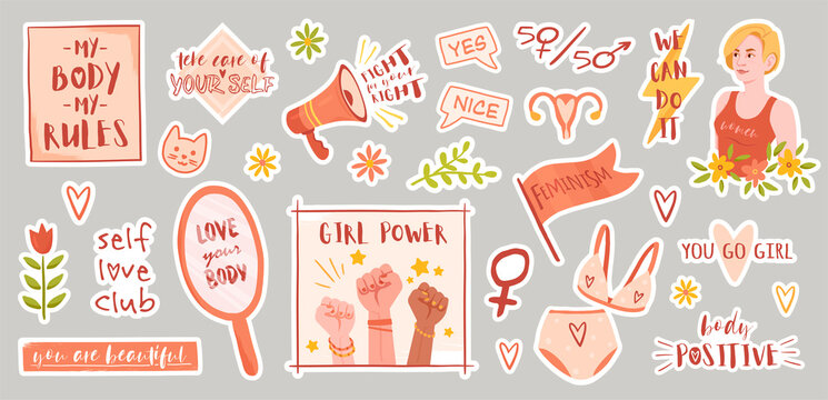 Feminism and body positive icons collection with assorted inspirational and motivational text, colored vector illustration