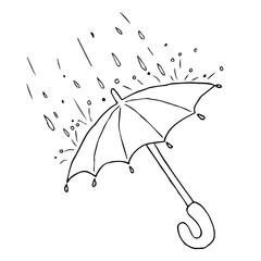 Vector illustration doodle of umbrella and rainy weather isolated on white background. Hand drawn design print, logo, symbol, decor, textile, paper.