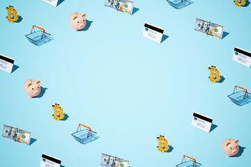 Shoping concept, izometric pattern on bright light blue background. Minimal flat lay texture. Abstract trendy fresh concept.