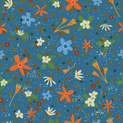 Cute floral patterns with tiny abstract flowers. Seamless vector stock flower texture. Elegant romantic template for fashion prints. Print with small colorful flowers. Blue background.