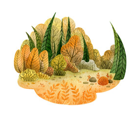 Watercolor autumn landscape with trees, firtrees, sky, bushes, grass and stones. Hand drawn illustration isolated on white.