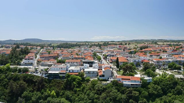Drone shot from waterfront to the most popular village in Halkidiki- Kallithea. It is located in the first peninsula of Halkidiki, Kassandra.