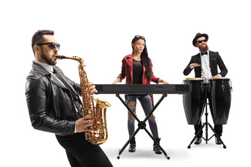 Musical band of three performing on sax, keyboard and conga drums