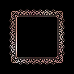 Rose golden shiny glowing ornate sqaure frame isolated over black