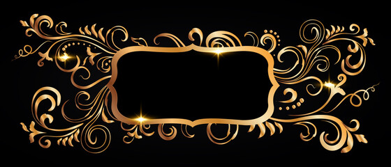 Golden shiny glowing ornate frame isolated over black