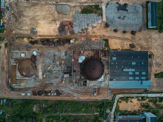 Aerial view of demolition site. Process of demolition of old nuclear power plant