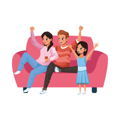 young parents with little daughter in sofa characters