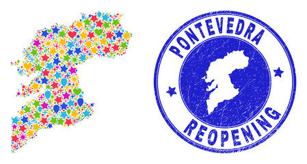 Celebrating Pontevedra Province map collage and reopening corroded stamp seal. Vector mosaic Pontevedra Province map is formed of randomized stars, hearts, balloons.