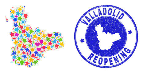 Celebrating Valladolid Province map mosaic and reopening dirty seal. Vector mosaic Valladolid Province map is created with random stars, hearts, balloons.