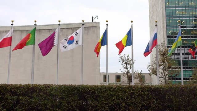 Slow motion flags in front of United Nations in New York City