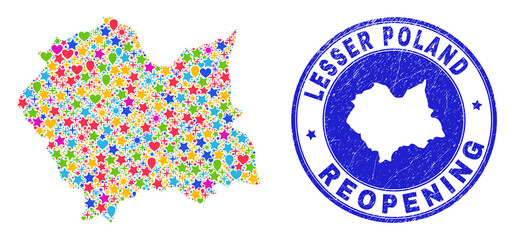 Celebrating Lesser Poland Voivodeship map mosaic and reopening scratched stamp seal. Vector mosaic Lesser Poland Voivodeship map is constructed from scattered stars, hearts, balloons.