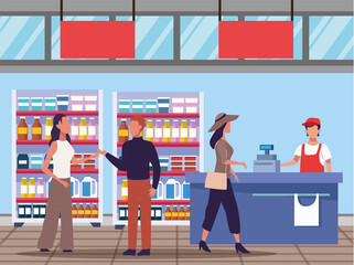 young couple shopping groceries activity characters