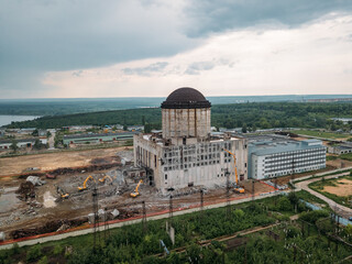 Aerial view of demolition site. Process of demolition of old nuclear power plant