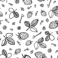 Vector strawberry pattern. Graphic modern line art repeating design with hand lettering. Hand drawn black berry fruit pattern with leaf and blossom on white background. Hand drawn doodle backdrop.